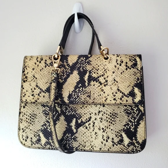 Furla Top Handle Leather Evening Bag Crossbody Purse Snakeskin Print - Picture 2 of 14